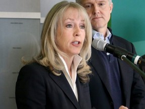 Merrilee Fullerton, minister of Training, Colleges and Universities speaks in Ottawa March 14, 2019 as Rod Phillips listens. (Postmedia)