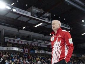 Canada skip Kevin Koe watches his shot during their game against Norway at the Men's World Curling Championship in Lethbridge, Alta. on Monday, April 1, 2019.