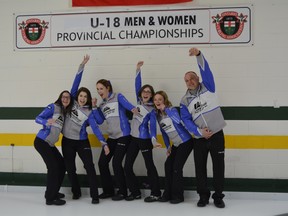 From left: Emily Deschenes, Emma Artichuk, Jillian Uniacke, Celeste Gauthier, Grace Cave and coach Greg Artichuk had plenty to celebrate after winning the Ontario women’s U18 curling championship.
 Curling Ontario/photo