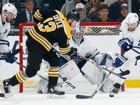Boston Bruins' Charlie Coyle tries to get a shot on Toronto Maple Leafs goalie Frederik Andersen during the third period in Game 5 of an NHL hockey first-round playoff series in Boston, Friday, April 19, 2019.