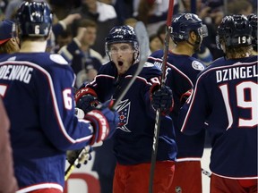 Matt Duchene celebrates after the Columbus Blue Jackets did the seemingly impossible and swept the Tampa Bay Lightning in Round 1.