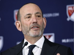 Major League Soccer commissioner Don Garber speaks at a news conference in Los Angeles on Thursday, April 18, 2019. Sacramento and St. Louis have been invited to submit formal bids for franchises.