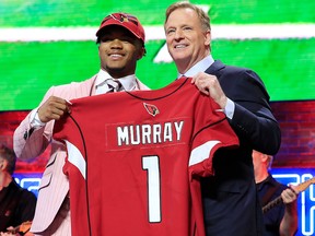 Kyler Murray poses with NFL commissioner Roger Goodell after he was picked No. 1 overall by the Arizona Cardinals during the first round of the 2019 NFL Draft on April 25, 2019 in Nashville, Tenn.