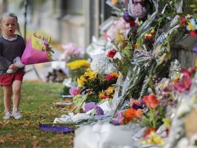 In this March 17, 2019, file photo, a girl carries flowers to a memorial wall following the mosque shootings in Christchurch, New Zealand.