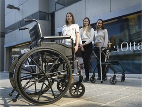 University of Ottawa students Emma Grigor, Jenna MacNeil and Kaitlyn Rourke pose for a photo in Ottawa Wednesday March 27, 2019. The students created a non-profit organization that finds, collects, and redistributes excess pieces of medical equipment to people in financial need.