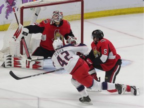Ottawa Senators goalie Anders Nilsson isn't able to stop a shot by Alexandre Texier of the Columbus Blue Jackets during the second period on Saturday, April 6, 2019 at the CTC.