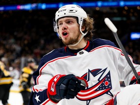 Artemi Panarin of the Columbus Blue Jackets reacts after scoring in the second period of Game 2 against the Boston Bruins. (Adam Glanzman/Getty Images)