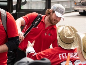 Ottawa 67's forward Tye Felhaber gets a hug as he exits the bus as the team arrives home on Thursday, April 25, 2019, after sweeping the Oshawa Generals. Tyler Rabb, Ottawa 67's