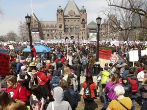 A previous protest brought teachers, students and union leaders to Queen's Park to protest Ford government education cuts in April 2019.