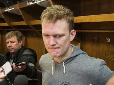 Brady Tkachuk talks to the media as the Ottawa Senators wrap up their season by clearing out their lockers and head home.