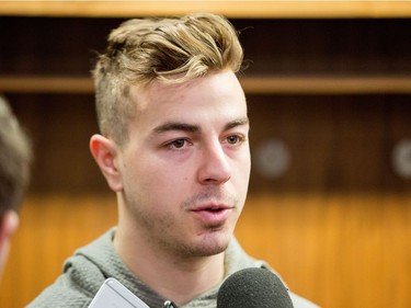Jean-Gabriel Pageau talks to the media as the Ottawa Senators wrap up their season by clearing out their lockers and head home.