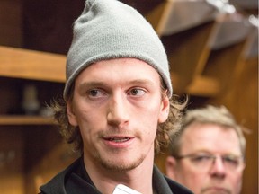 Thomas Chabot talks to the media as the Ottawa Senators wrap up their season by clearing out their lockers and head home.