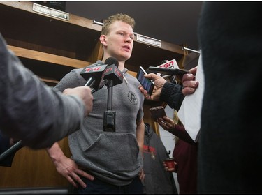 Brady Tkachuk talks to the media as the Ottawa Senators wrap up their season by clearing out their lockers and head home.
