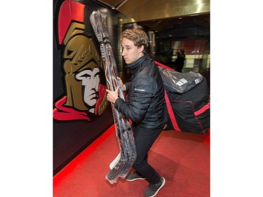 Max Veronneau leaves the arena with his sticks and hockey bag as the Ottawa Senators wrap up their season by clearing out their lockers and head home.