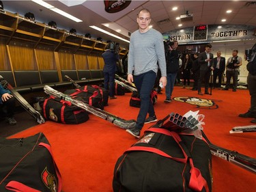 Mark Borowiecki walks through the dressing room as the Ottawa Senators wrap up their season by clearing out their lockers and head home.