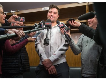 Cody Ceci talks to the media as the Ottawa Senators wrap up their season by clearing out their lockers and head home.
