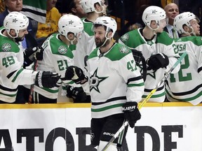 Dallas Stars right wing Alexander Radulov is congratulated after scoring against the Nashville Predators during the second period in Game 5 on Saturday, April 20, 2019, in Nashville, Tenn.