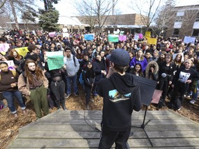 Students at Rosedale Heights School for the Arts walked out one masse protesting the Ontario Conservative government and held a rally like many schools in the GTA and possibly Ontario on Thursday, April 4, 2019. (Jack Boland/Toronto Sun/Postmedia Network)