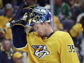 Nashville Predators goaltender Pekka Rinne skates back to the net after a stop in play during Game 2 of a first-round playoff series against the Dallas Stars, Saturday, April 13, 2019, in Nashville, Tenn.