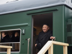 North Korea's leader Kim Jong Un leaves a carriage after arriving at the border station of Khasan, Primorsky Krai region, Russia, Wednesday, April 24, 2019. (Alexander Safronov/Press Office of the Primorye Territory Administration via AP)