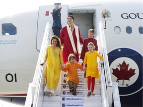 Prime Minister Justin Trudeau and wife Sophie Gregoire Trudeau, and children, Xavier, 10, Ella-Grace, 9, and Hadrien, 3, arrive in Ahmedabad, India on Monday, Feb. 19, 2018.