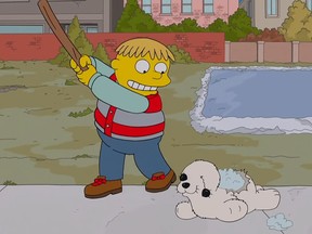 Ralph Wiggum clubs a stuffed toy seal in "The Simpsons."