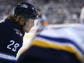 Winnipeg Jets forward Patrik Laine lines up for a face-off during Game 5 of the first round of the NHL playoffs against the St. Louis Blues in Winnipeg on Thursday. Laine is the only one on the second line to score.