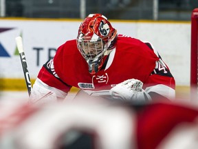 Ottawa 67's goalie Michael DiPietro during the game against the Sudbury Wolves Sunday April 7, 2019, at TD Place Arena.   Ashley Fraser/Postmedia