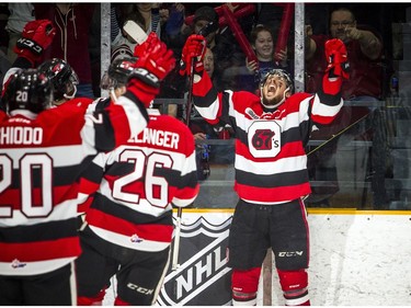 Ottawa 67's celebrate after scoring against the Guelph Storm at TD Place Arena on Saturday.