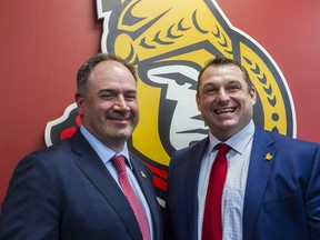The Ottawa Senators announced that 42-year-old D.J. Smith will be the teams newest head coach. Smith is the 14th head coach in team history. Smith and general manager Pierre Dorion after the press conference. May 23, 2019.