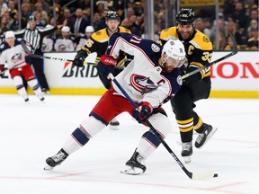 Zdeno Chara of the Boston Bruins defends against Nick Foligno of the Columbus Blue Jackets during the second period at TD Garden on May 04, 2019 in Boston, Massachusetts.