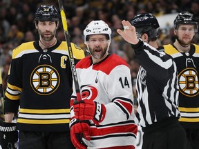 Justin Williams of the Carolina Hurricanes reacts during Game 2 of the Eastern Conference final. His team is down 3-0, but Williams has been in this situation before and had success.