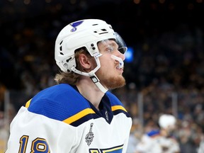 Robert Thomas of the St. Louis Blues shows some frustration during the third period of Game 1 of the Stanley Cup final against the Bruins on Monday in Boston.