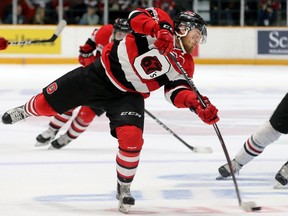 Ottawa 67's Tye Felhaber winds up for the second goal for Ottawa to make it 2-0 by the end of the first period. The Ottawa 67s took on the Guelph Storm in the first of the best of seven in the OHL Final Thursday (May 2, 2019) at TD Place in Ottawa.