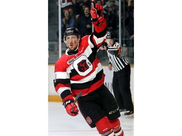 Ottawa's Sasha Chmelevski raises his arm in the air after putting Ottawa ahead 1-0 in the first period.