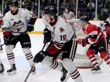 Guelph's Isaac Ratcliffe takes control of the puck around his own net during first period action of the Ottawa 67's matchup against the Guelph Storm in game five of the Eastern OHL final at TD Place in Ottawa on Friday.