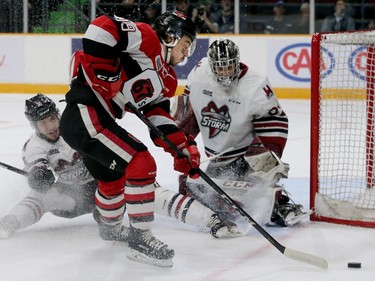 Ottawa's Kyle Maksimovich puts some pressure on Guelph's net during the Ottawa 67's matchup against the Guelph Storm in game five of the Eastern OHL final at TD Place in Ottawa on Friday.