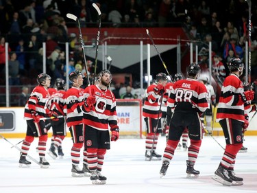 As the Guelph Storm celebrated, the Ottawa 67's acknowledge the packed house of fans despite losing 4-3 to the Guelph Storm in game five of the Eastern OHL final at TD Place in Ottawa on Friday.