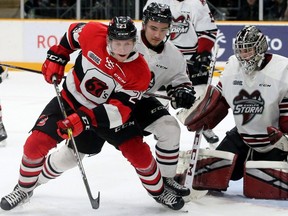 With their goalie out, Ottawa's Marc Rossi makes a last-minute push around Guelph's net, but to no avail. The 67's fell to the Guelph Storm 4-3 in game five of the Eastern OHL final at TD Place in Ottawa on Friday.