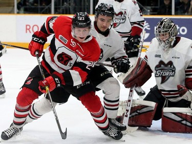 With their goalie out, Ottawa's Marc Rossi makes a last-minute push around Guelph's net, but to no avail. The 67's fell to the Guelph Storm 4-3 in game five of the Eastern OHL final at TD Place in Ottawa on Friday.