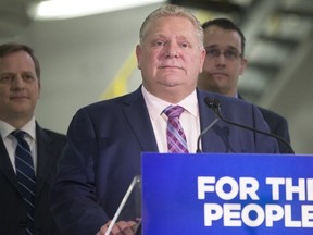 Ontario Premier Doug Ford, centre, stands with Jeff Yurek, right, Provincial Minister of Transportation and Monte McNaughton, Ontario's Minister of Infrastructure, during an announcement about Ontario's transit network, in Toronto on Wednesday, April, 10, 2019. THE CANADIAN PRESS