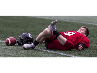 QB Bailey Wasdal stretches during Ottawa Redblacks rookie camp at TD Place on Wednesday, May 15, 2019.