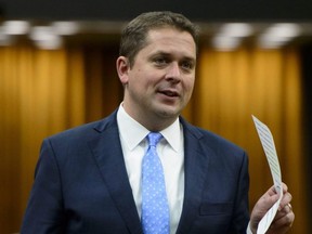 Conservative Leader Andrew Scheer stands during question period in the House of Commons on Parliament Hill in Ottawa on May 8, 2019.