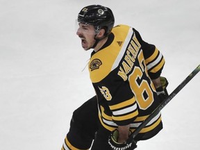 Boston Bruins left wing Brad Marchand celebrates after his goal off Columbus Blue Jackets goaltender Sergei Bobrovsky during the third period of Game 5 of an NHL hockey second-round playoff series, Saturday, May 4, 2019, in Boston.
