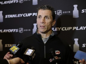 Carolina coach Rod Brind'Amour apologized to fans for the Hurricanes'  Game 4 performance, when they were swept from the Eastern Conference final by the Boston Bruins. “That was a dud game for them to come watch,” he said. (Steven Senne/The Associated Press)
