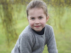 This undated photo provided by Kensington Palace on Wednesday, May 1, 2019, and taken by Kate, the Duchess of Cambridge, shows Princess Charlotte at their home in Norfolk, England, to mark her fourth birthday on Thursday. (Duchess of Cambridge/Kensington Palace via AP)