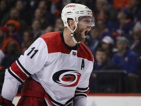 Hurricanes forward Jordan Staal argues his penalty for a faceoff violation against the Islanders in Game 1 of the NHL's Eastern Conference second round playoff series at the Barclays Center in the Brooklyn borough of New York City on April 26, 2019.