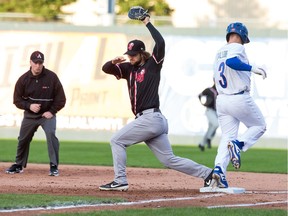 Jackal first baseman Conrad Gregor catches the throw to put out Jordan Caillouet as the Ottawa Champions home opener took place on Friday night vs. New Jersey Jackals.
