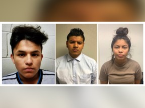 This combination of undated images provided by the George's County Police Department shows from left to right, Josue Fuentes-Ponce, Joel Escobar and Cynthia Hernandez-Nucamendi.
