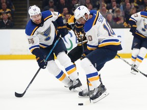Led by Brayden Schenn’s (right) eight hits, St. Louis had a 50-31 advantage in the department of physicality during Game 2 against the Boston Bruins. The Blues beat the Bruins 3-2 to take home-ice advantage in the series. (GETTY IMAGES)